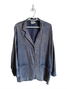 Vintage Ezze Wear Denim Style Cotton Striped Blue Womens Blazer Jacket Medium